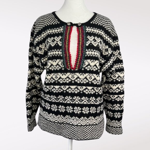Vintage 80s Susan Bristol Shetland Wool Nordic Sweater Black White Small - Picture 1 of 10
